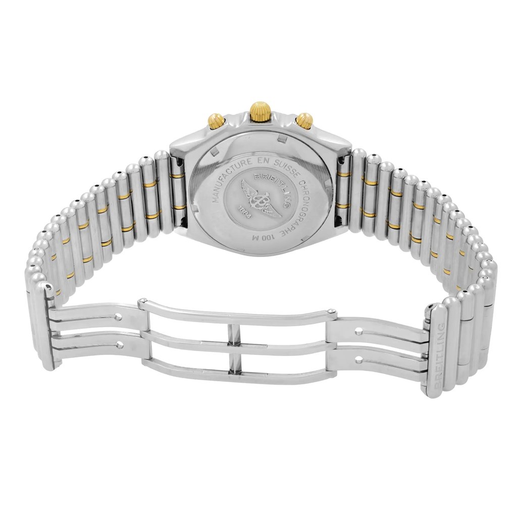 Back View Of Solid Back Case And Open Stainless Steel Band Of Breitling B13050.1 Watch Pre Owned Condition