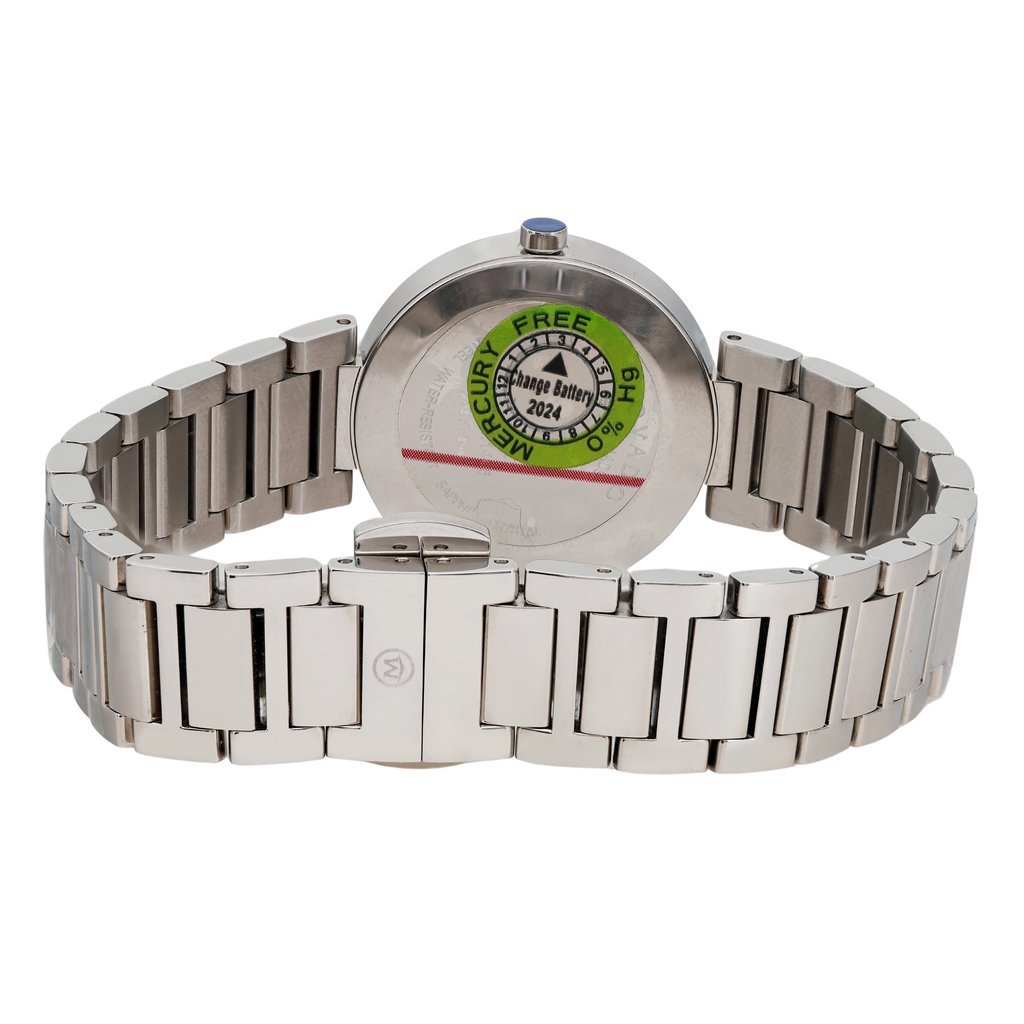 An image of a Wristwatch by Movado. This Display Model item is designed for Women, featuring a Casual style. It has a Quartz movement and an Analog display with a Black dial color. The indices include 12-Hour Dial,No Hour Marks. The band is made of Stainless Steel and the case is made of Stainless Steel. The watch has a Round shape with a case size of 28 mm and a case thickness of 7 mm.