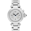 An image of a pre-owned Cartier Miss Pasha women's wristwatch, captured from a front-facing angle. The watch is positioned centrally, showcasing its round silver face with black numerals at the 12, 3, 6, and 9 o'clock positions. The blue hour and minute hands are prominently visible. The silver metal bracelet is partially visible at the top and bottom. The image is taken from a close distance, highlighting the watch's elegant design and detailing.