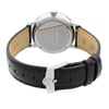 An image of a wristwatch viewed from the back, showcasing the close clasp. The watch is positioned upright with the focus on the smooth metallic back, engraved with brand details. The black leather strap is visible, exhibiting its texture and unworn condition. The angle provides a clear view of the watch’s construction and clasp mechanism, captured at a close distance.