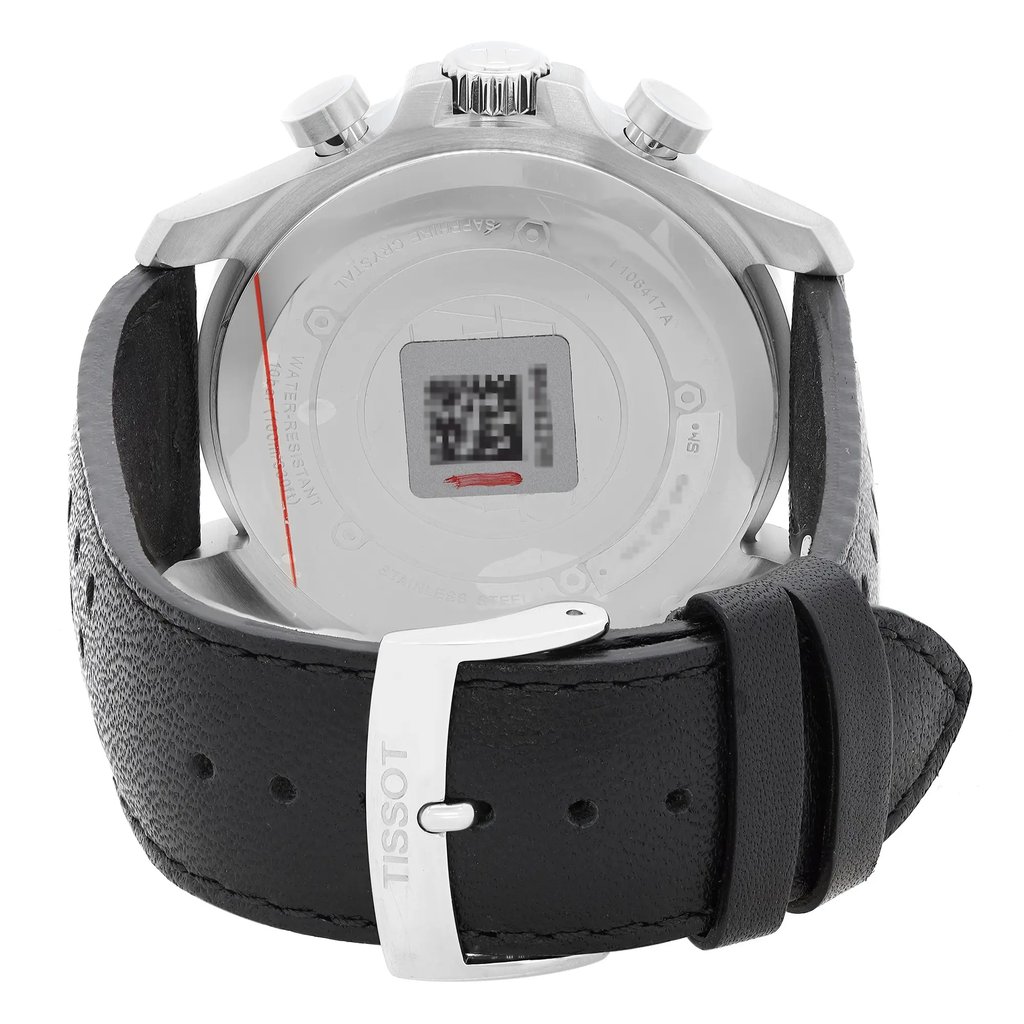 Back View Of Solid Back Case And Closed Leather Band Of Tissot T106.417.16.057.00 Watch New Condition