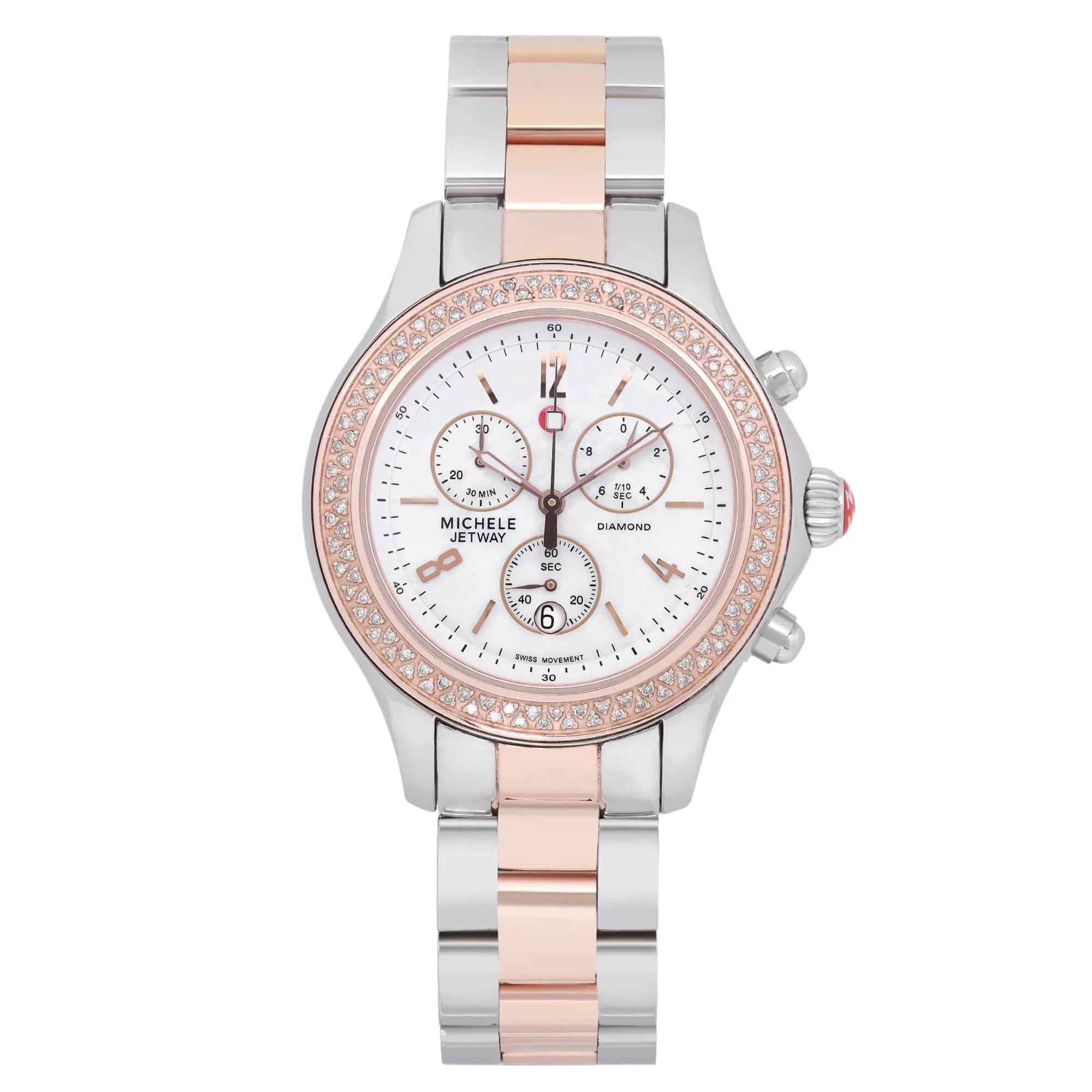 An image of a pre-owned wristwatch displayed from a front full-frontal view. The watch features a round face with a white dial and rose gold accents, including hour markers and hands. The bezel is adorned with small clear stones, and the watch has three subdials. The bracelet is a combination of silver and rose gold links. The image is taken up close, showcasing the details of the watch's design and condition.