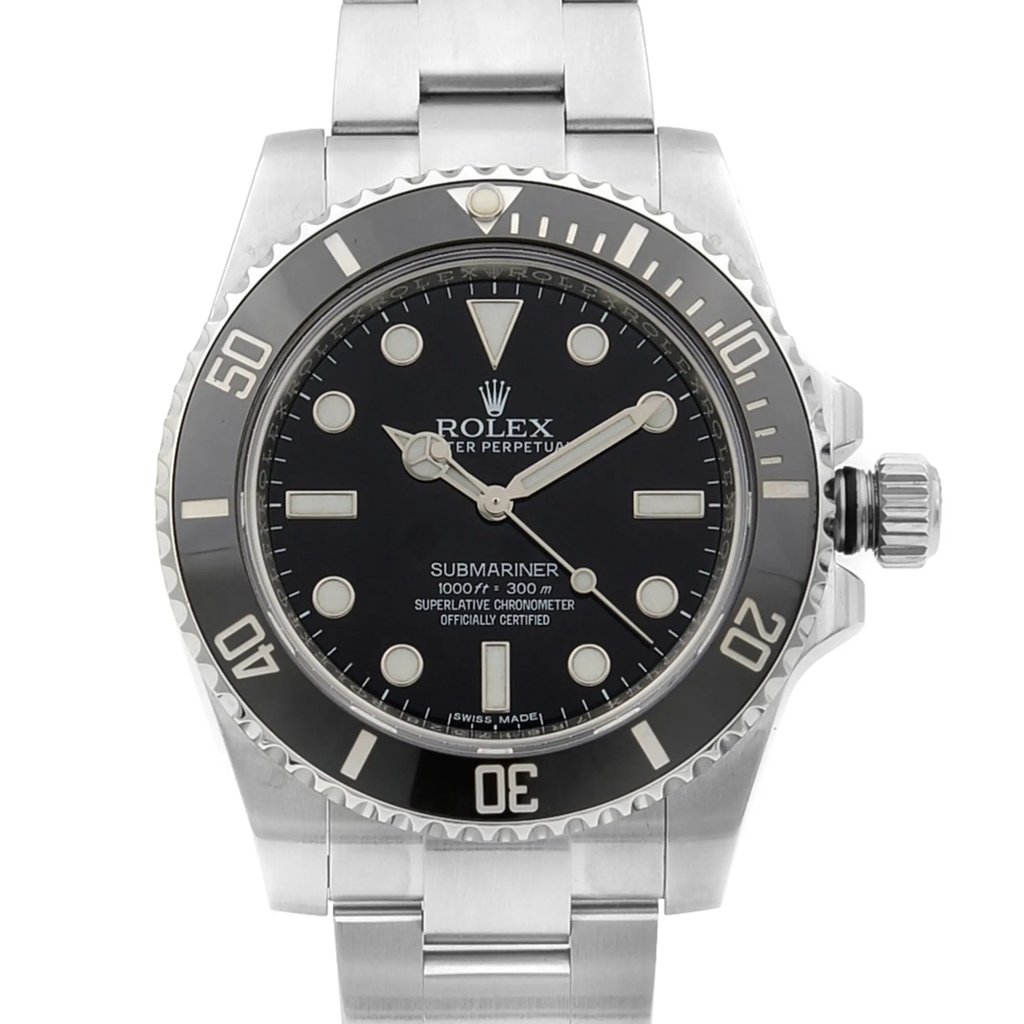 Up Close Front Facing Picture Of Rolex 114060 Stainless Steel Watch Display Model Condition