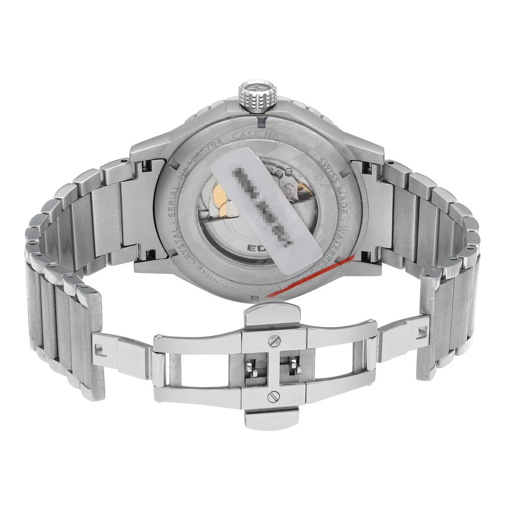 Back View Of Exhibition Back Case And Open Stainless Steel Band Of Edox 80094-3NM-BU1 Watch Pre Owned Condition