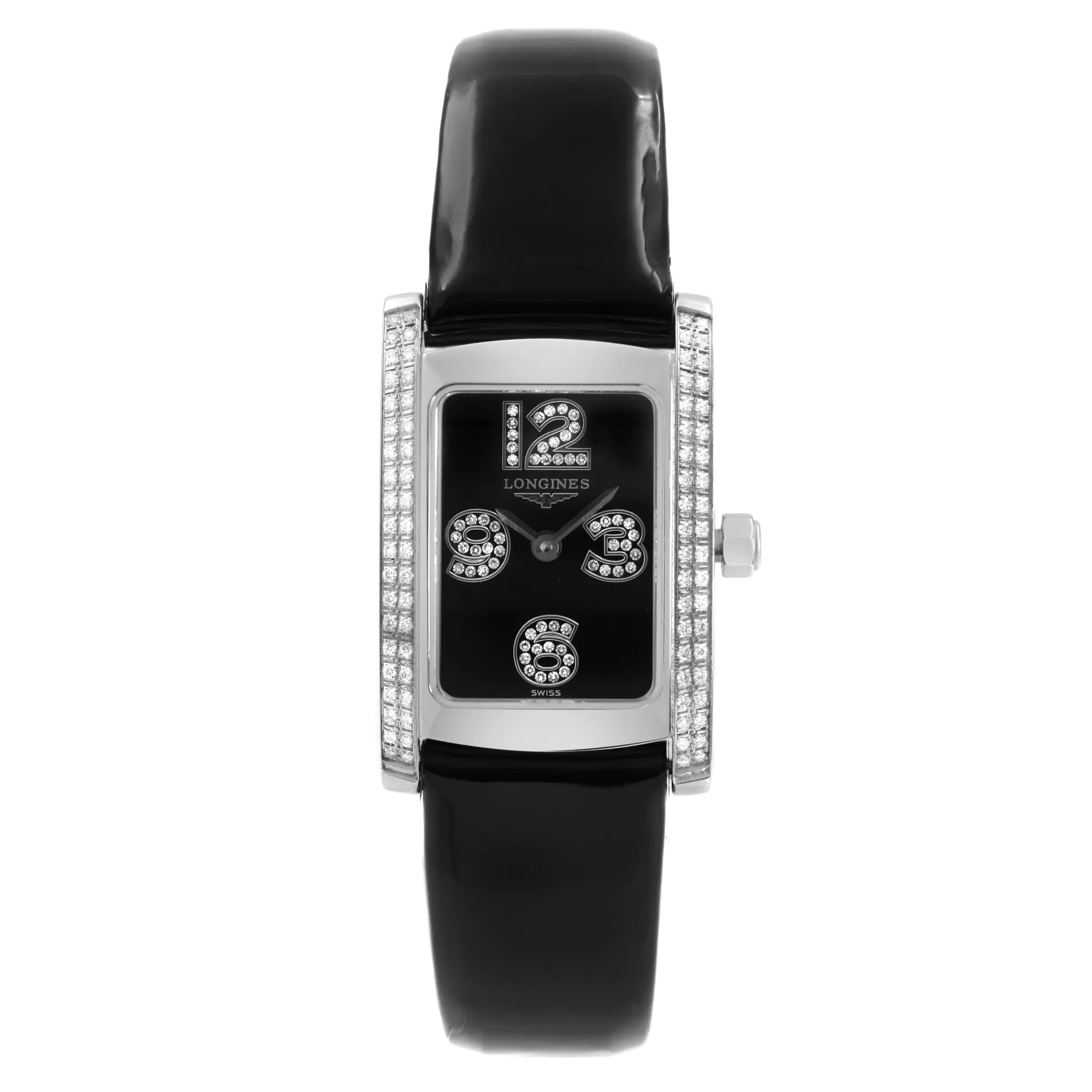 An image of a wristwatch displayed in a full frontal view. The watch features a rectangular face with a black dial and diamond-studded numerals. The case is adorned with rows of small diamonds along the sides. The strap is glossy black, complementing the overall elegant design. The photograph is taken from a close distance, capturing the intricate details and craftsmanship of the display model.