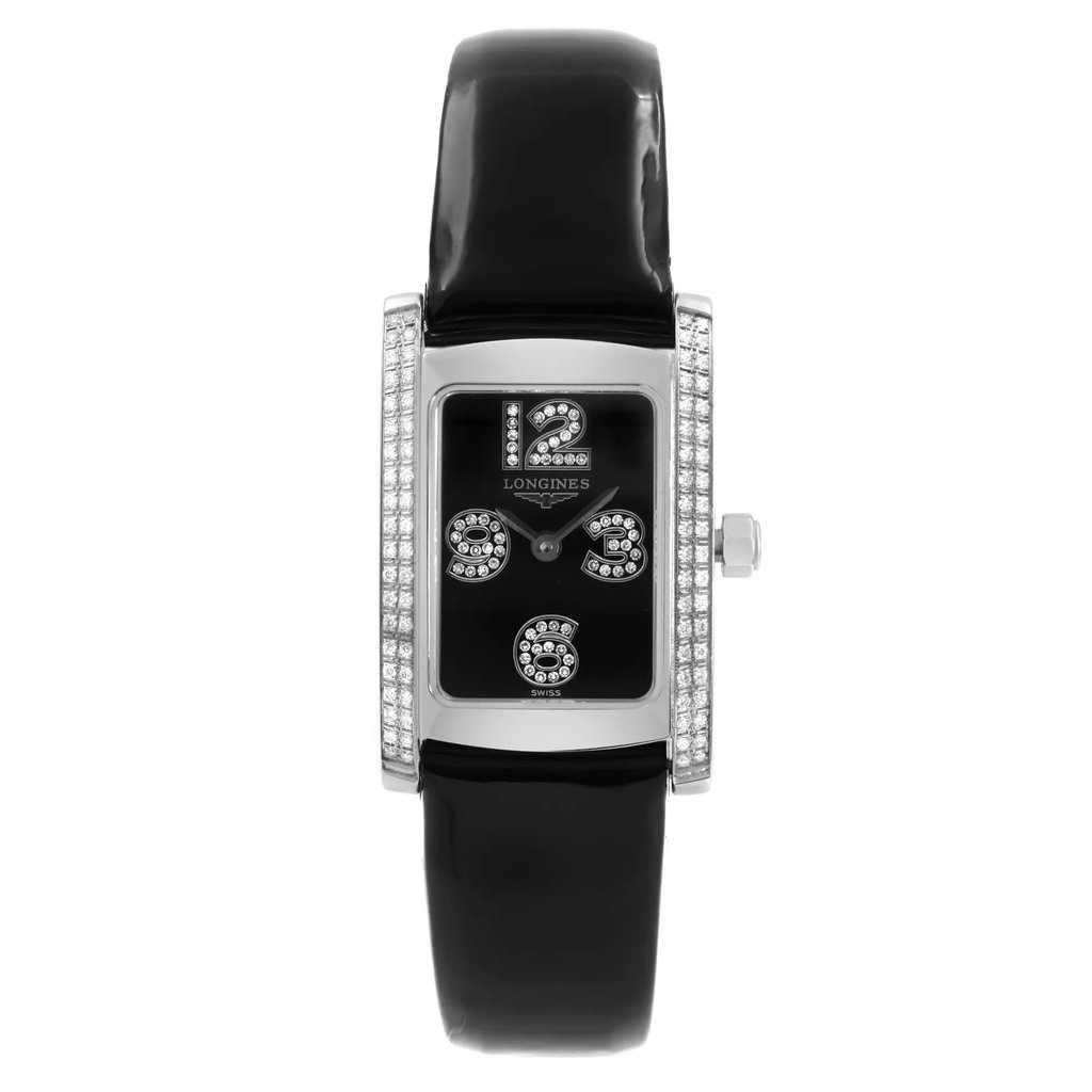 An image of a wristwatch displayed in a full frontal view. The watch features a rectangular face with a black dial and diamond-studded numerals. The case is adorned with rows of small diamonds along the sides. The strap is glossy black, complementing the overall elegant design. The photograph is taken from a close distance, capturing the intricate details and craftsmanship of the display model.
