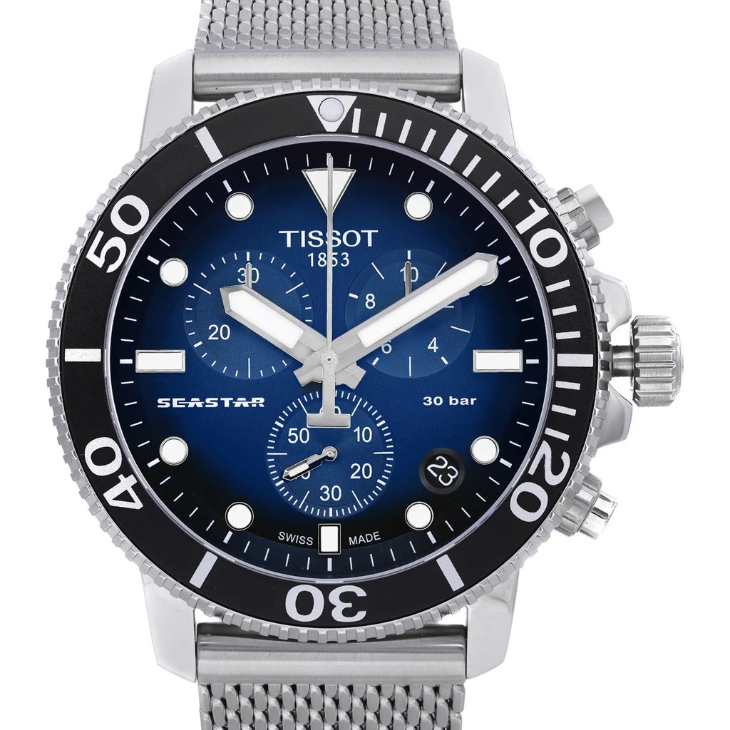 Up Close Front Facing Picture Of Tissot T120.417.11.041.02 Stainless Steel Watch Pre Owned Condition