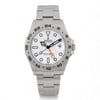 An image of a pre-owned men's Rolex Explorer II GMT 42mm Steel White Dial Automatic Oyster wristwatch taken from a front-facing angle. The watch features a stainless steel band and a white dial with black hour markers and hands, including luminous hands for visibility. The date indicator is visible at the three o'clock position, and the watch also displays a distinctive orange hand. The image is captured at a close distance, highlighting the watch's details and craftsmanship. Pre-owned in excellent condition. Full links. 2022 card. Original box and papers. It shows light signs of wear.

