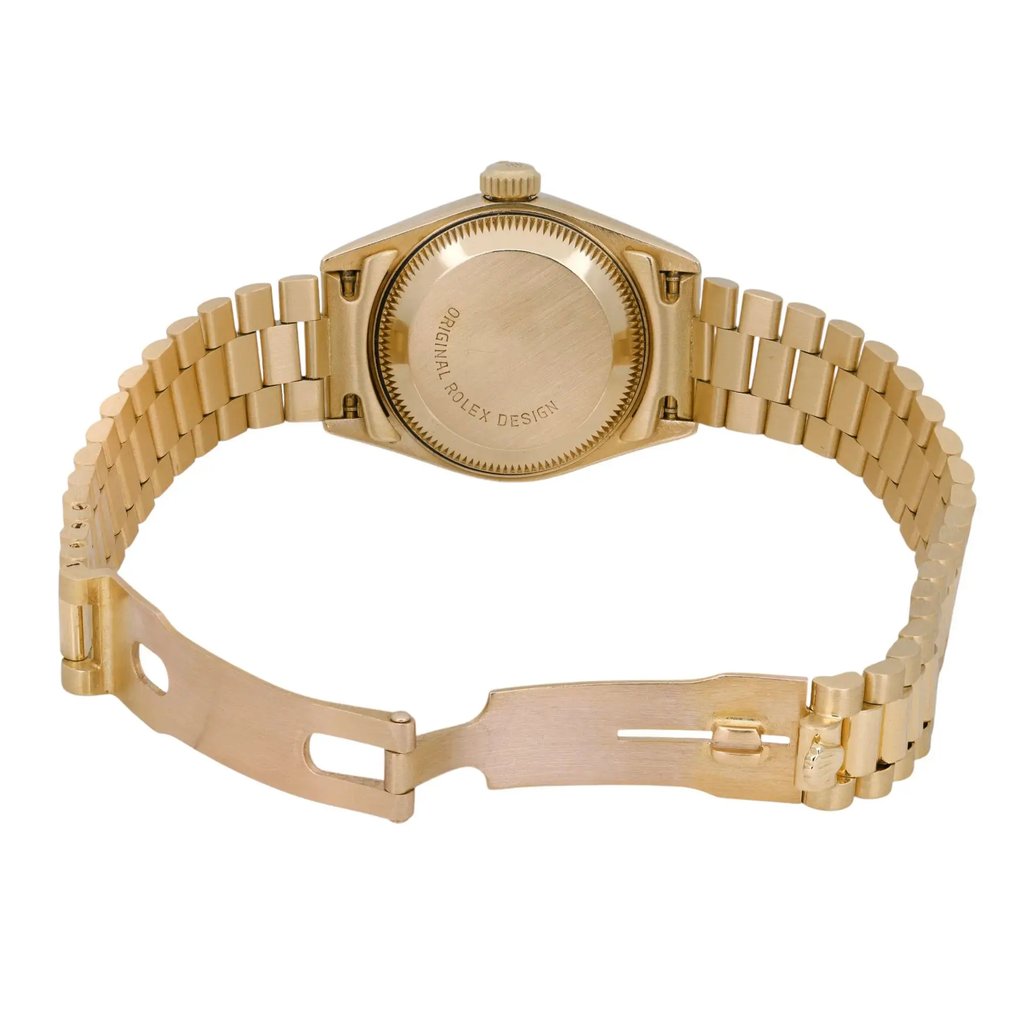 Back View Of Solid Back Case And Open Yellow Gold Band Of Rolex 69178 Watch Pre Owned Condition