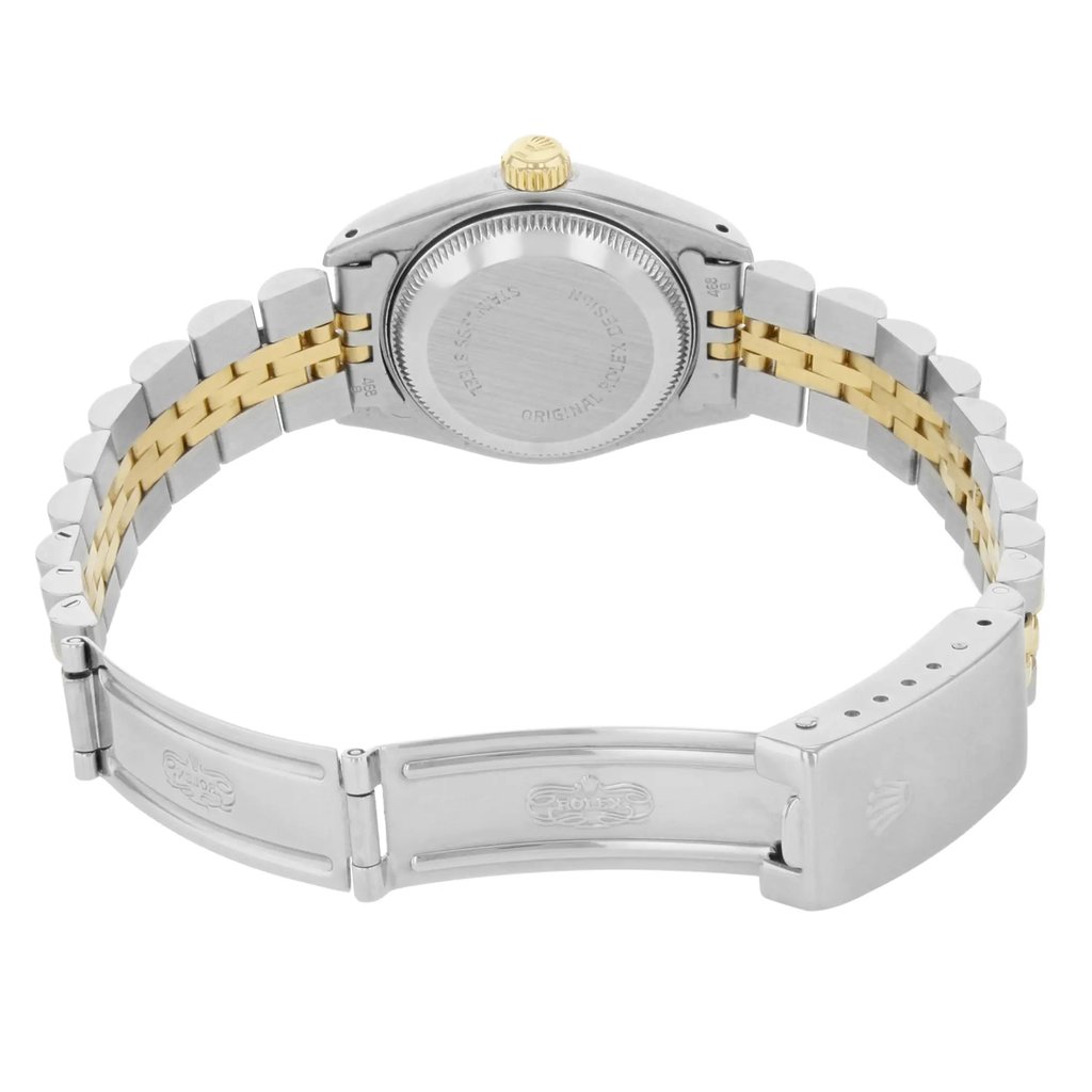 Back View Of Solid Back Case And Open Stainless Steel,Gold Band Of Rolex 69173 Watch Pre Owned Condition