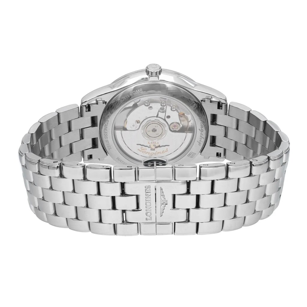 An image of a pre-owned wristwatch shown from the back view, focusing on the close clasp. The angle is straight on, capturing the intricate details of the stainless steel bracelet and the transparent case back, which reveals the watch's internal mechanism. The photograph is taken at a close distance, highlighting the craftsmanship and design features.