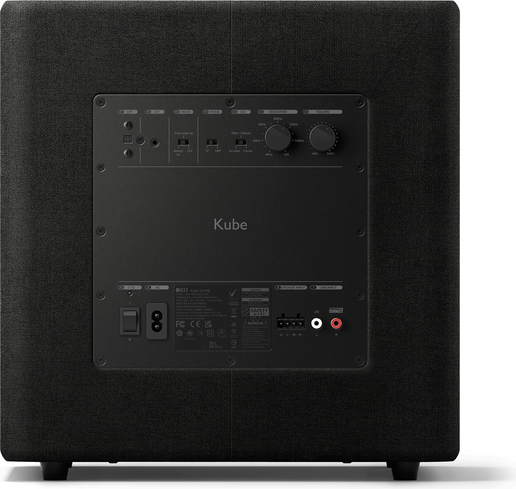 Rückansicht des KEF Kube 10 MIE Subwoofers mit Anschlüssen und Bedienelementen.