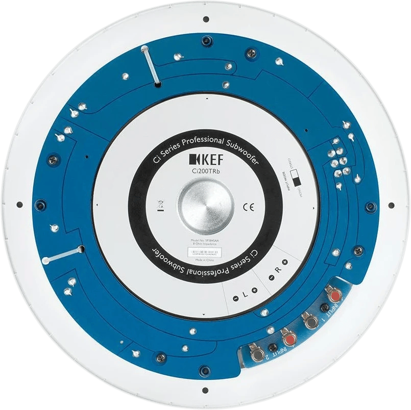 Rückansicht des KEF Ci200TRb Subwoofers mit Anschlüssen und internen Komponenten.