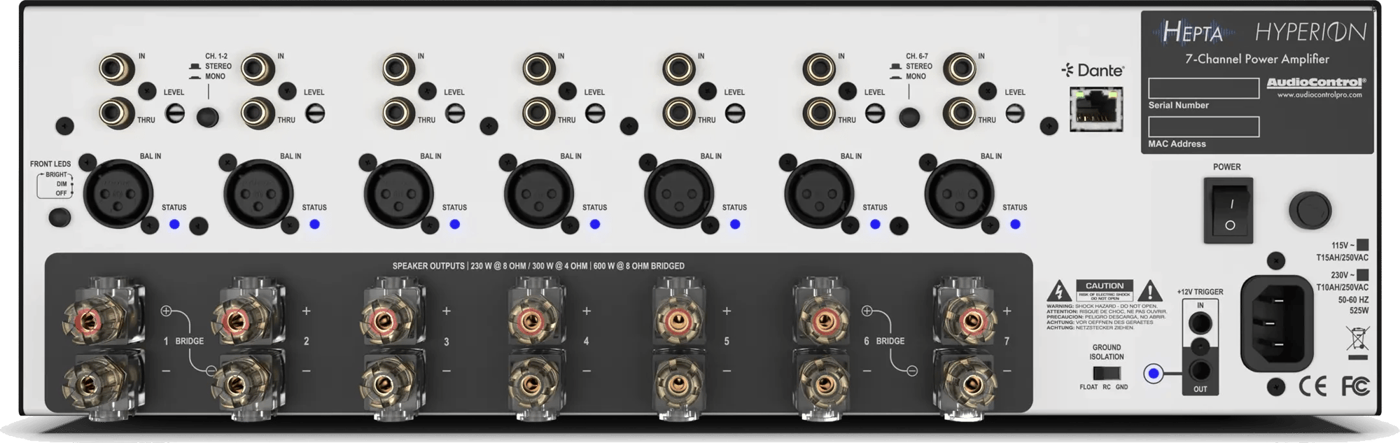 Rückseite des AudioControl Hyperion Hepta Verstärkers mit verschiedenen Anschlüssen.