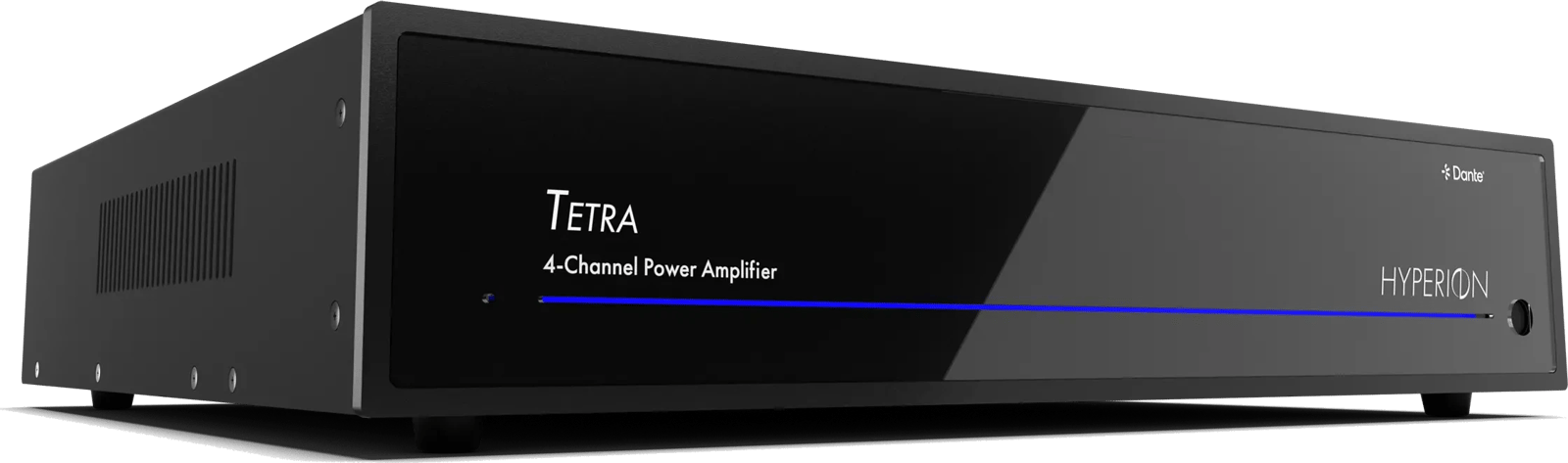 AudioControl Hyperion Tetra 4-Kanal Leistungsverstärker aus der vorderen linken Ansicht.