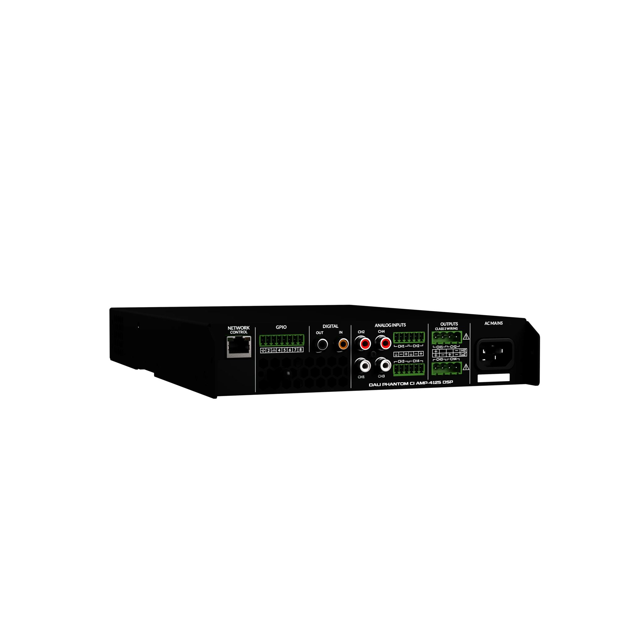 Rückansicht des DALI PHANTOM CI AMP-4125 DSP mit sichtbaren Anschlüssen.