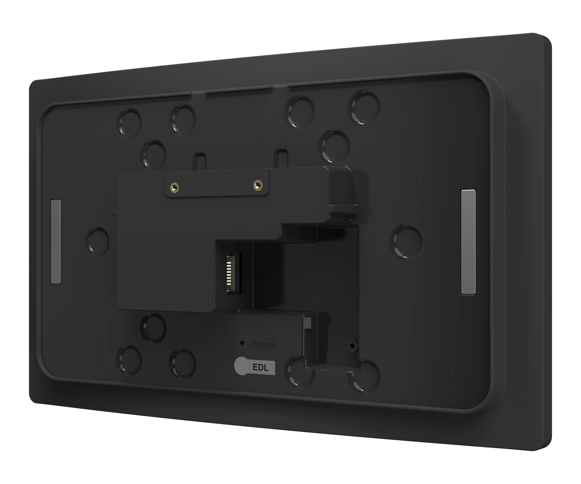 Rückansicht links des Crestron TSW-880R-B Wandmontage-Touchscreens, Anschlüsse und Ports sichtbar.