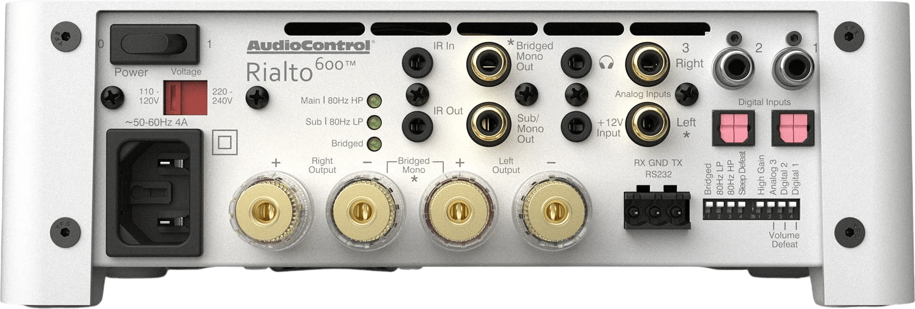 Rückansicht des AudioControl Rialto 600 Verstärkers mit sichtbaren Anschlüssen.