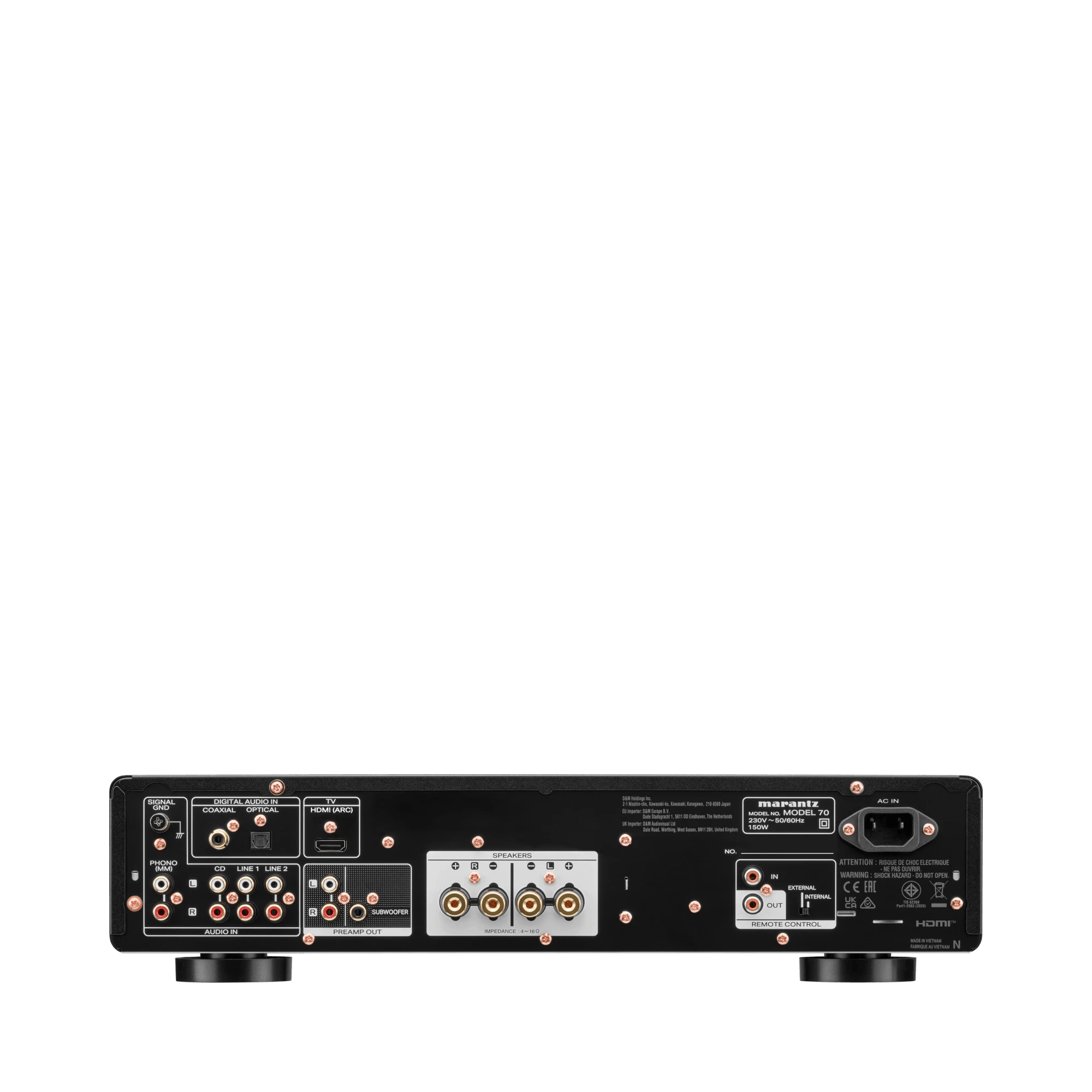 Rückseite des Marantz MODEL 70 mit Phono- und Line-Eingängen, Digitaleingängen, HDMI ARC, Vorverstärker-Ausgang, Lautsprecherklemmen und Netzbuchse.