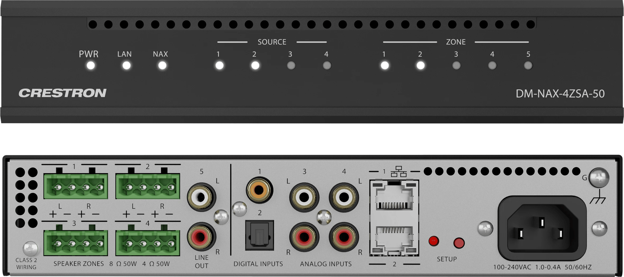 Crestron DM-NAX-4ZSA-50 Streaming-Verstärker, Vorder- und Rückansicht, zeigt Anschlüsse und Anzeigen.