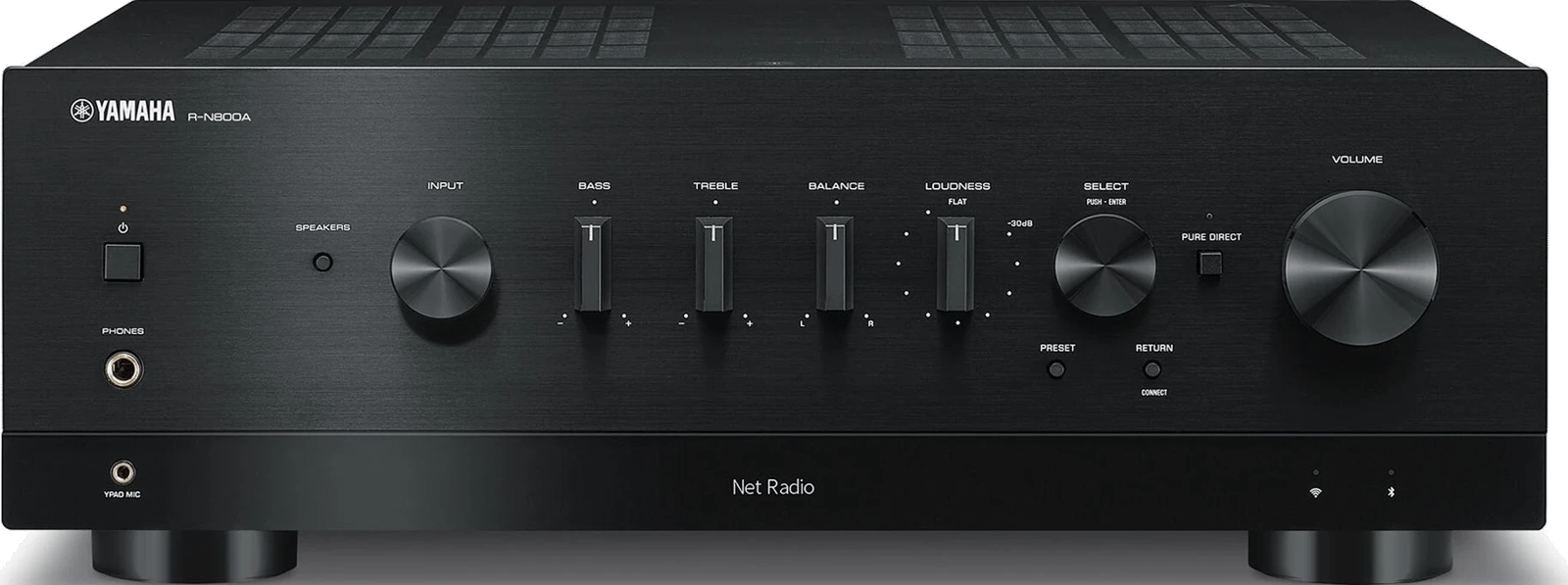 Netzwerk-Receiver Yamaha R-N800A in Schwarz, gerade von vorn, mit Reglern, Kopfhörerbuchse und Anzeige.
