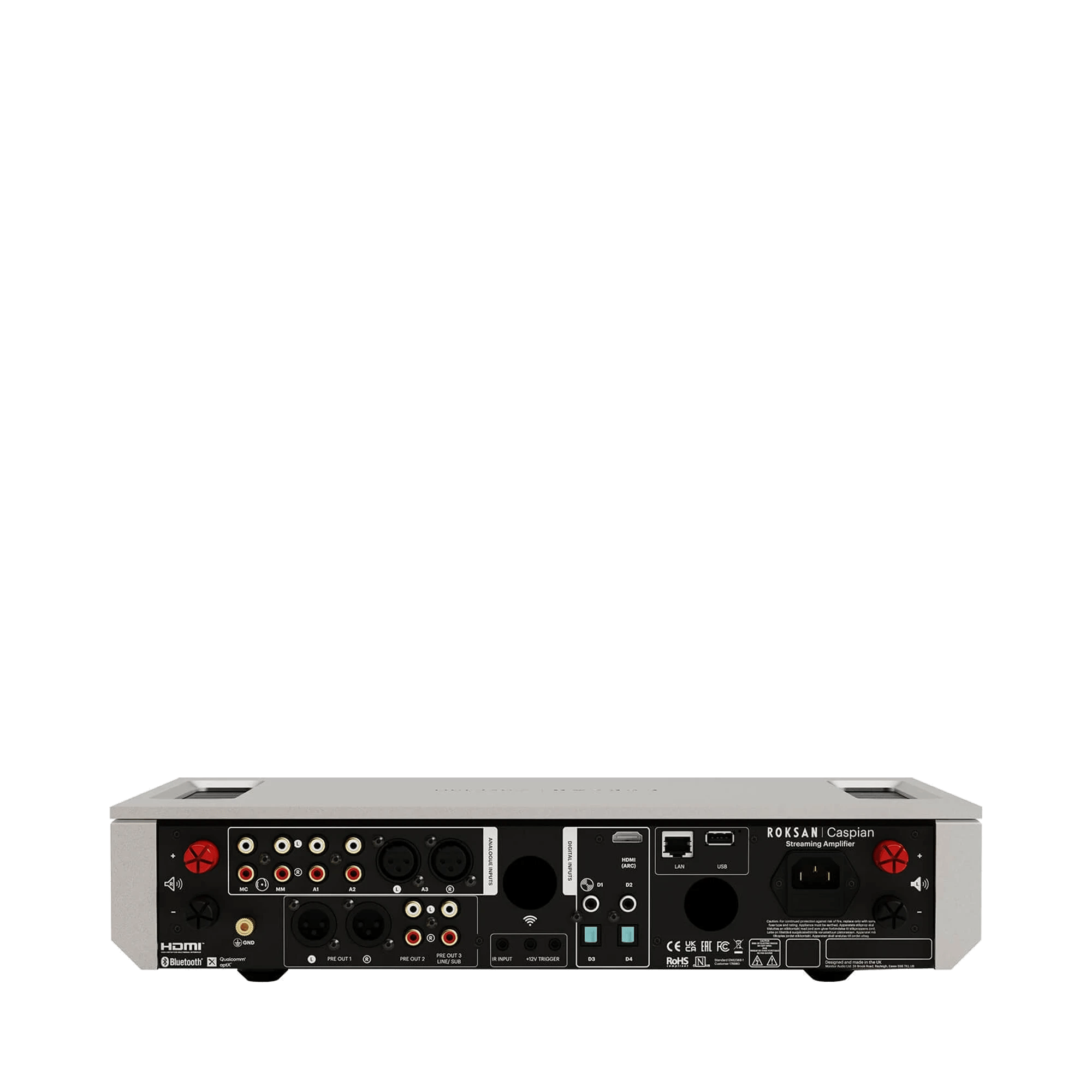Rückansicht des Roksan Caspian 4G Streaming-Verstärkers mit Anschlüssen.