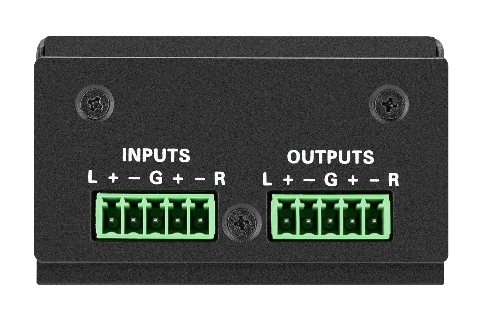 Frontansicht des Crestron DM-NAX Audio-over-IP Wandlers mit Eingangs- und Ausgangsanschlüssen.