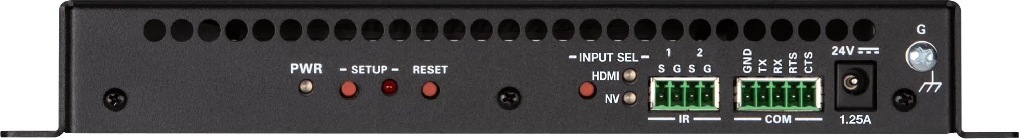 Rückansicht des Crestron DM-NVX-360 Netzwerk-AV-Encoders/Decoders mit sichtbaren Anschlüssen.