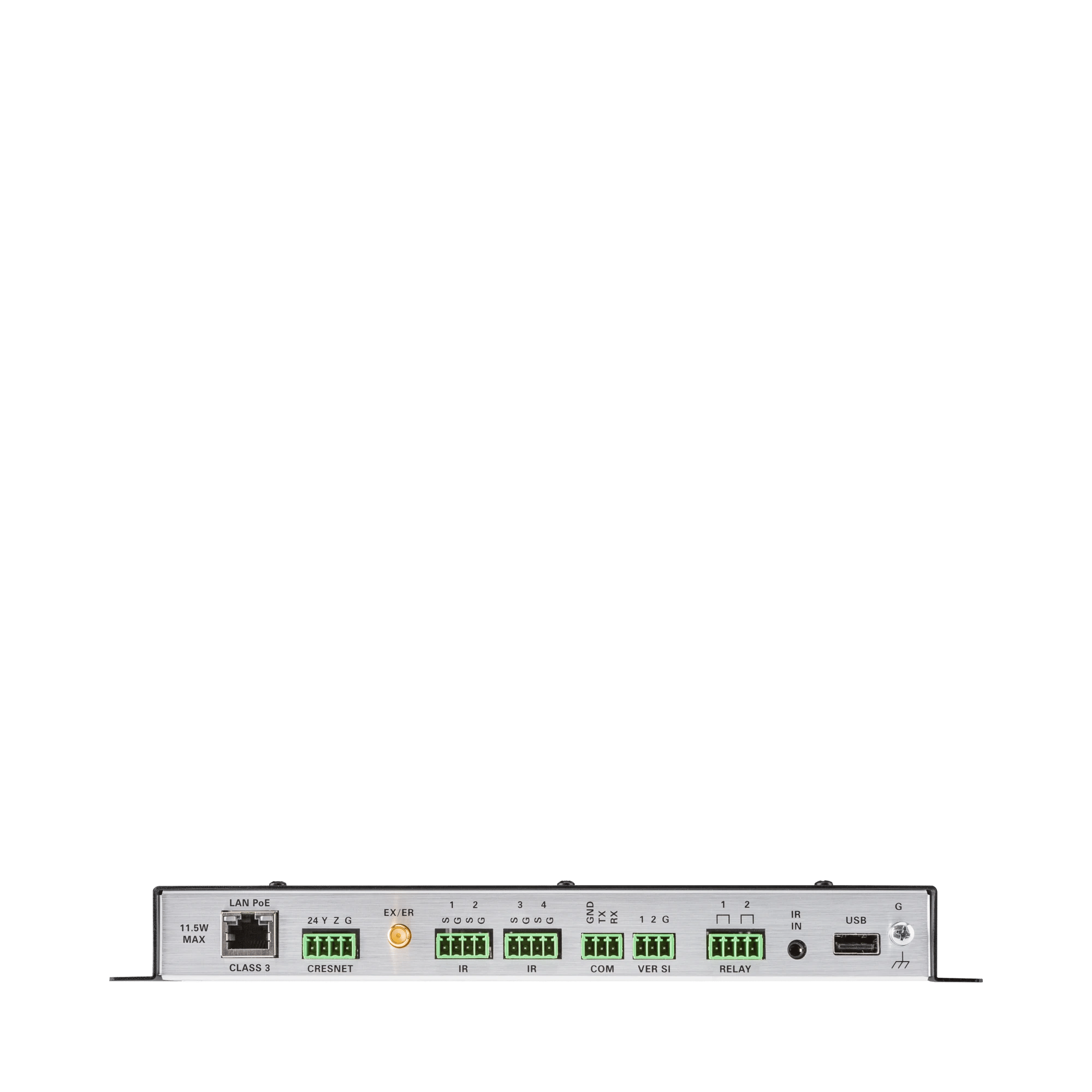 Rückansicht des Crestron MC4-R-I Wohnkontrollsystems mit verschiedenen Anschlüssen.