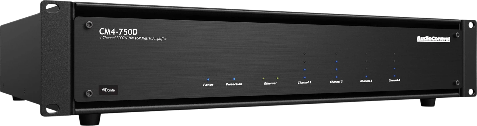 AudioControl CM4-750D 4-Kanal-Verstärker mit DSP, Ansicht von vorne-rechts.