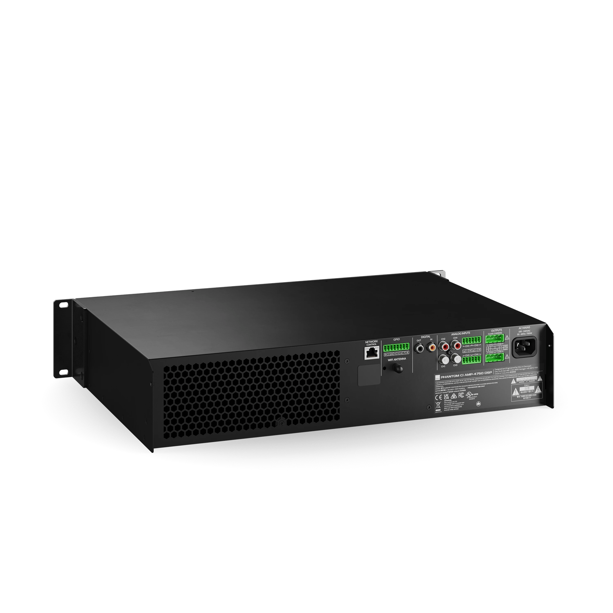 Rückansicht des DALI PHANTOM CI AMP-4750 DSP Verstärkers, zeigt Anschlüsse und Ports.