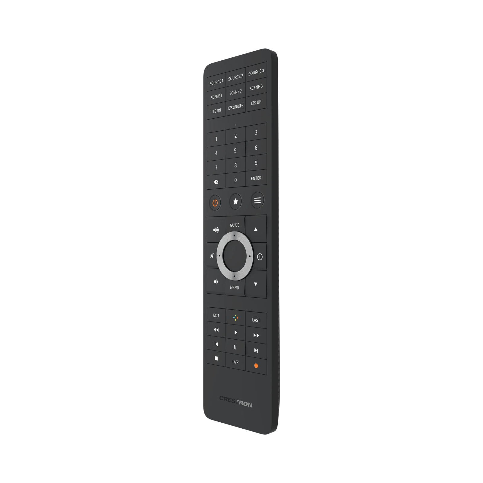 Crestron HR-310 Handheld-Remote, Front-Linksicht, mit verschiedenen Steuerungstasten.