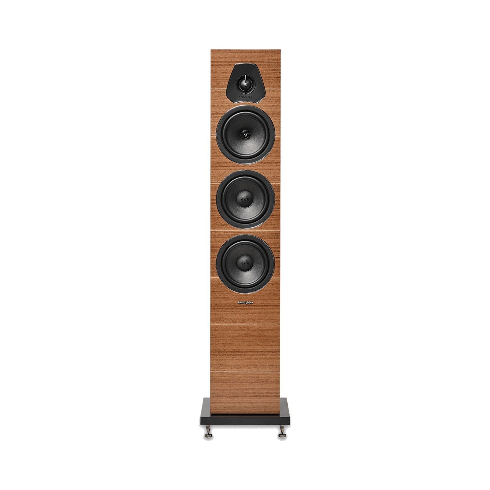 Frontansicht des Sonus faber Lumina III, einem 3-Wege-Standlautsprecher in Walnuss-Finish.