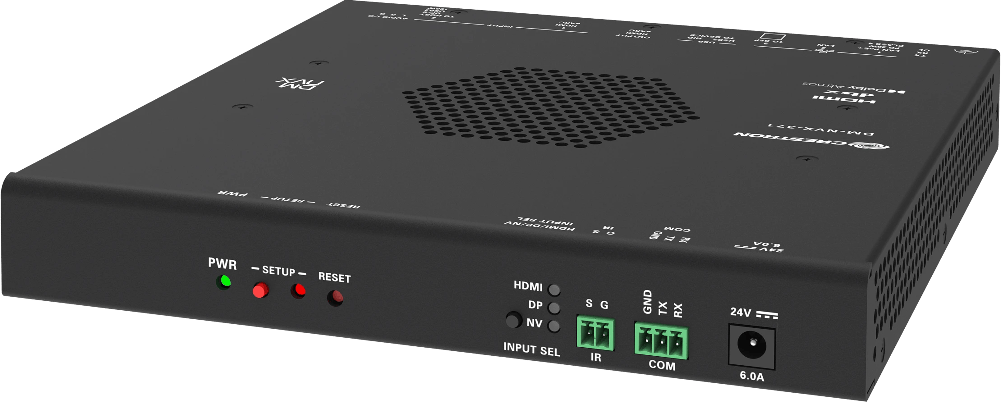 Crestron DM-NVX-371 AV-over-IP Encoder/Decoder, Ansicht von hinten links mit sichtbaren Anschlüssen.