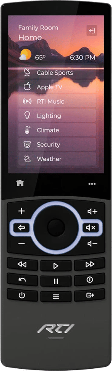 Frontansicht der RTI ISR-4 Touch-Fernbedienung mit 4-Zoll-Display.