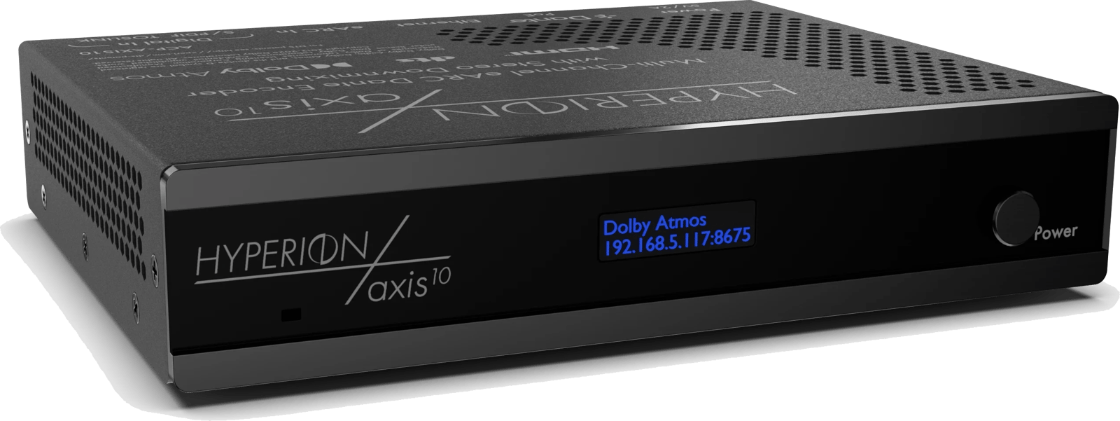 AudioControl Hyperion AXIS-10 Vorderansicht links mit Anzeige für Dolby Atmos.