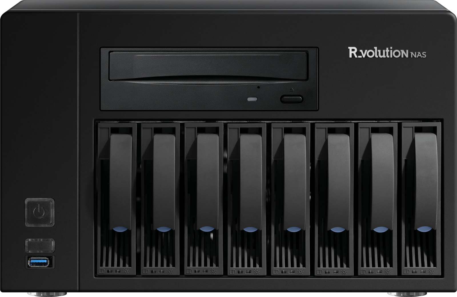 Frontansicht des R.Volution NAS Ultra mit mehreren Laufwerksschächten und USB-Anschlüssen.