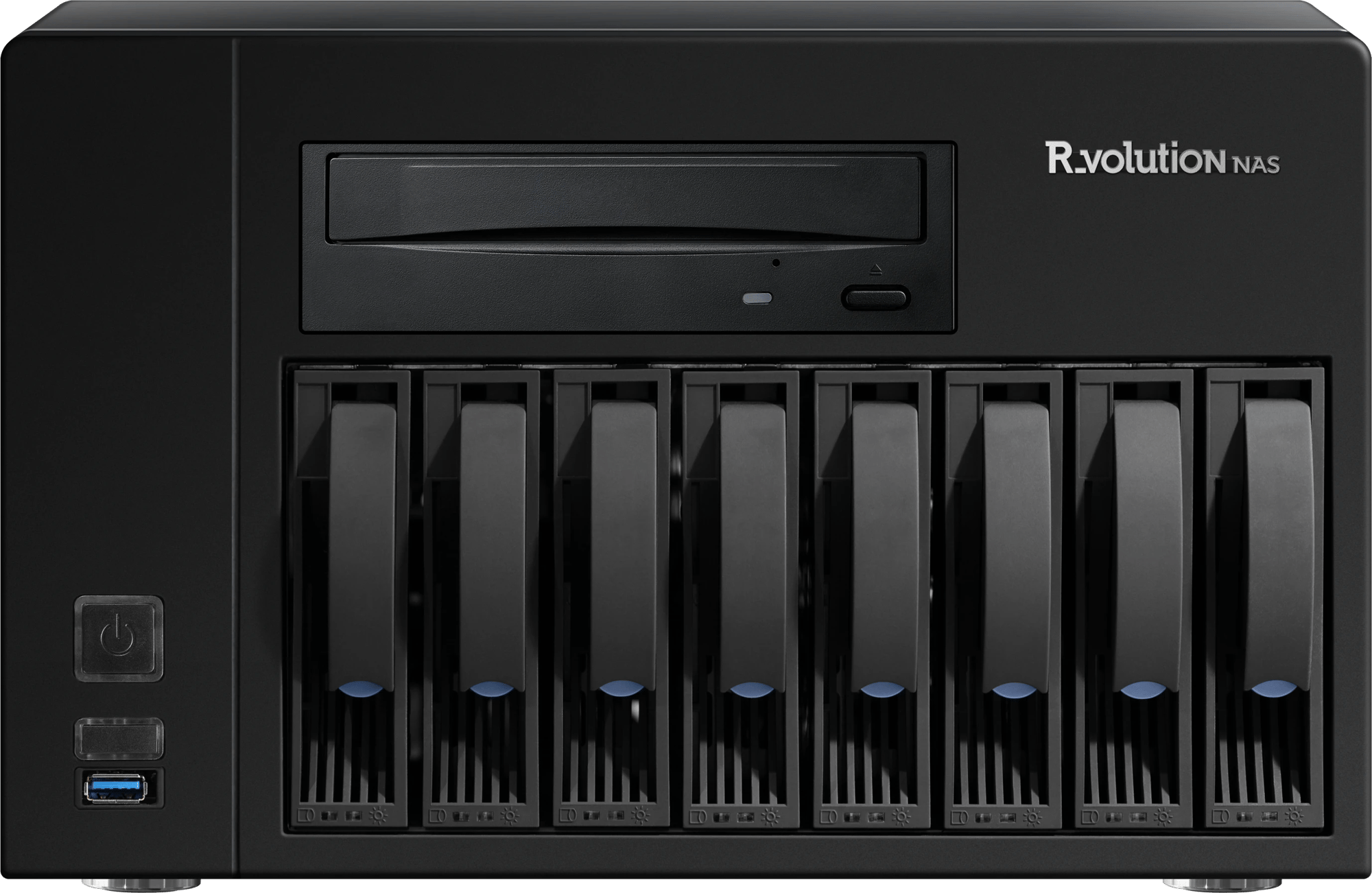 Frontansicht des R.volution NAS mit mehreren Laufwerksschächten und sichtbarem USB-Anschluss.