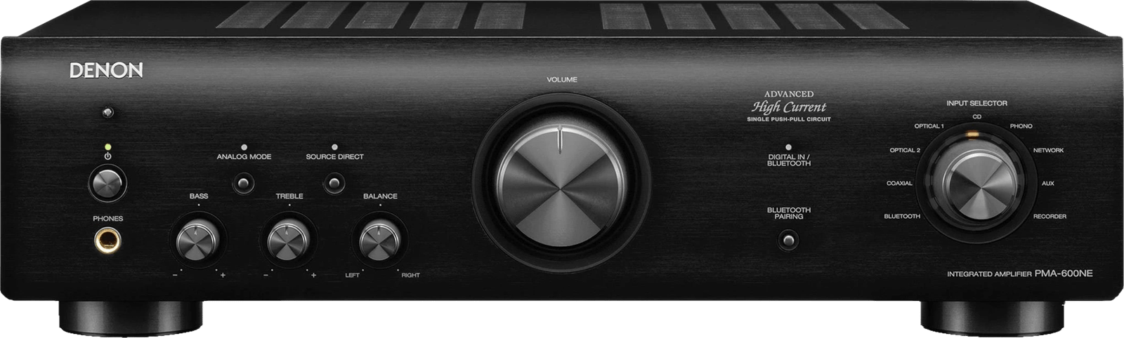 Denon PMA-600NE Vollverstärker, Frontansicht, schwarze Ausführung mit sichtbaren Bedienelementen und Anschlüssen.