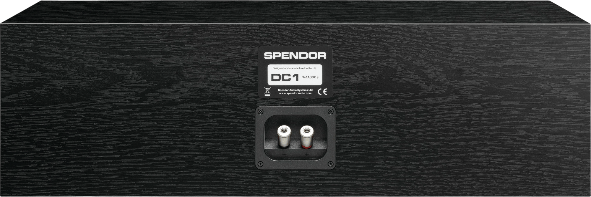 Rückansicht des Spendor DC1 Lautsprechers in schwarzer Ausführung, die Anschlüsse zeigen.