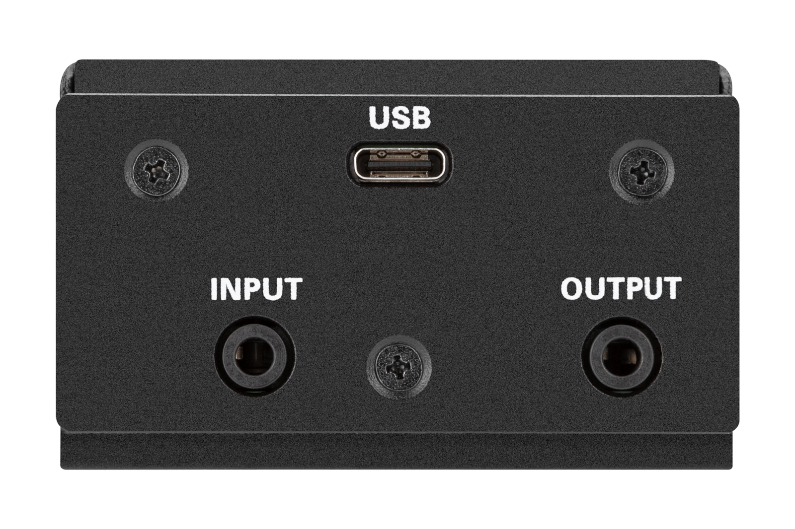 Frontansicht des Crestron DM-NAX-AUD-USB mit USB-C Audioeingangs- und -ausgangsanschlüssen.