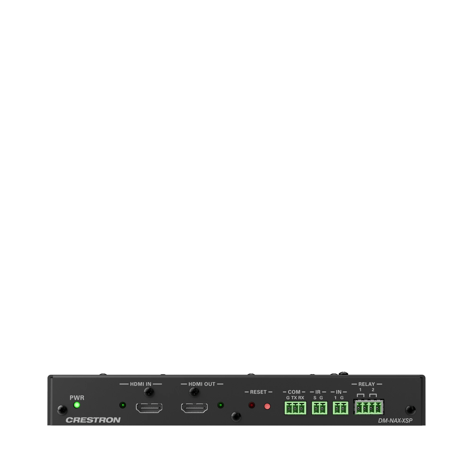 Frontansicht des Crestron DM-NAX-XSP, zeigt HDMI-Anschlüsse und Steuerungsanschlüsse.