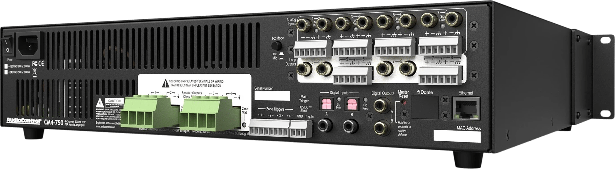 AudioControl CM4-750 Verstärker Rückansicht mit sichtbaren Anschlüssen.