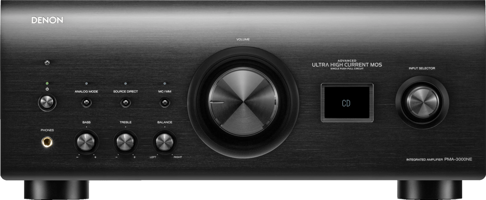 Denon PMA-3000NE in Schwarz gerade von vorn, Frontplatte mit großem Lautstärkeknopf, Display, Eingangswähler und Reglern.