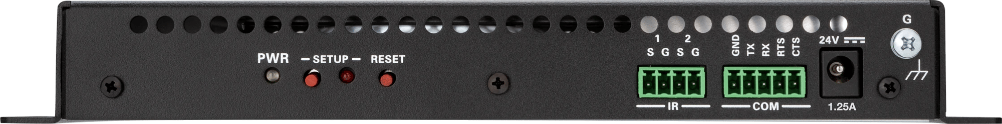 Rückansicht des Crestron DM-NVX-D30 Netzwerk-AV-Decoders, mit Anschlüssen und Anzeigen.