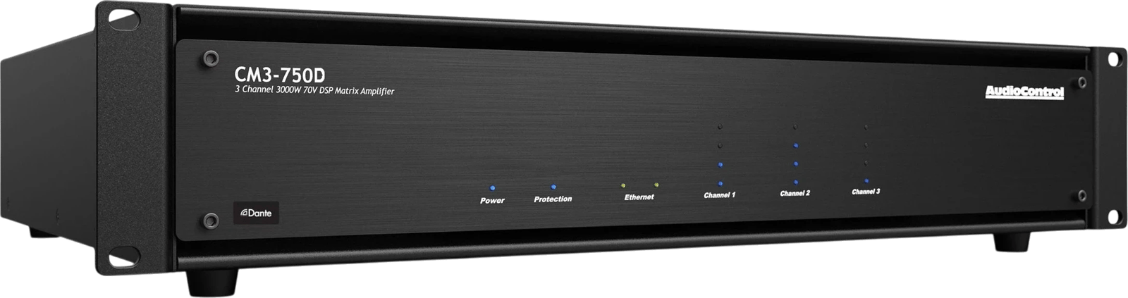 AudioControl CM3-750D 3-Kanal 3000W DSP Matrixverstärker mit Dante-Anschluss.