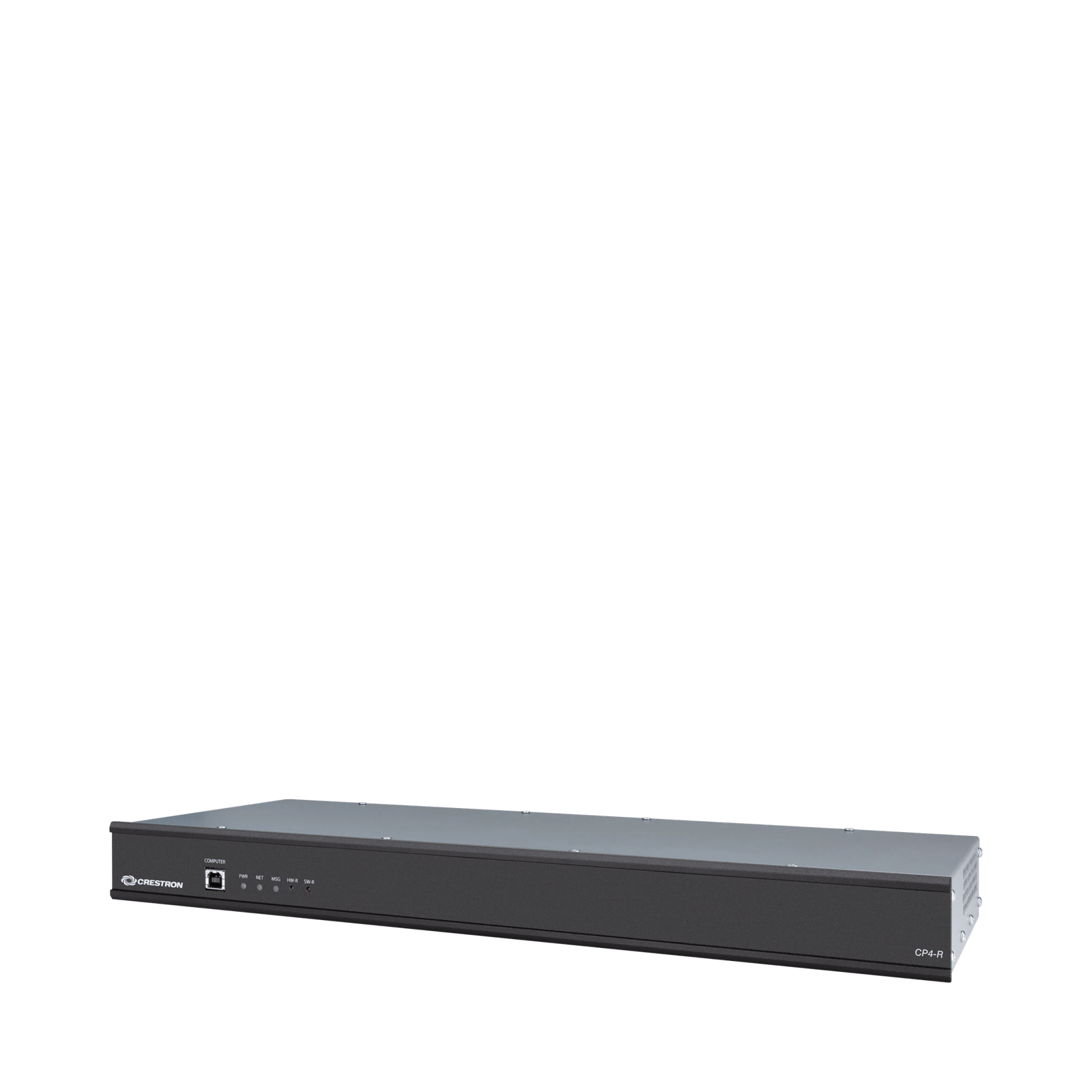 Crestron CP4-R Residential Control Processor, Front-Linksicht mit sichtbaren Anschlüssen.