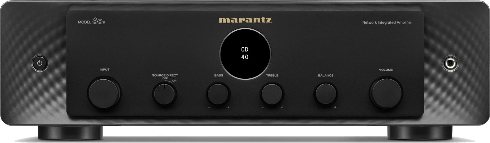Netzwerk-Vollverstärker Marantz MODEL 60n in Schwarz, gerade von vorn, mit rundem Display und sechs Drehreglern.