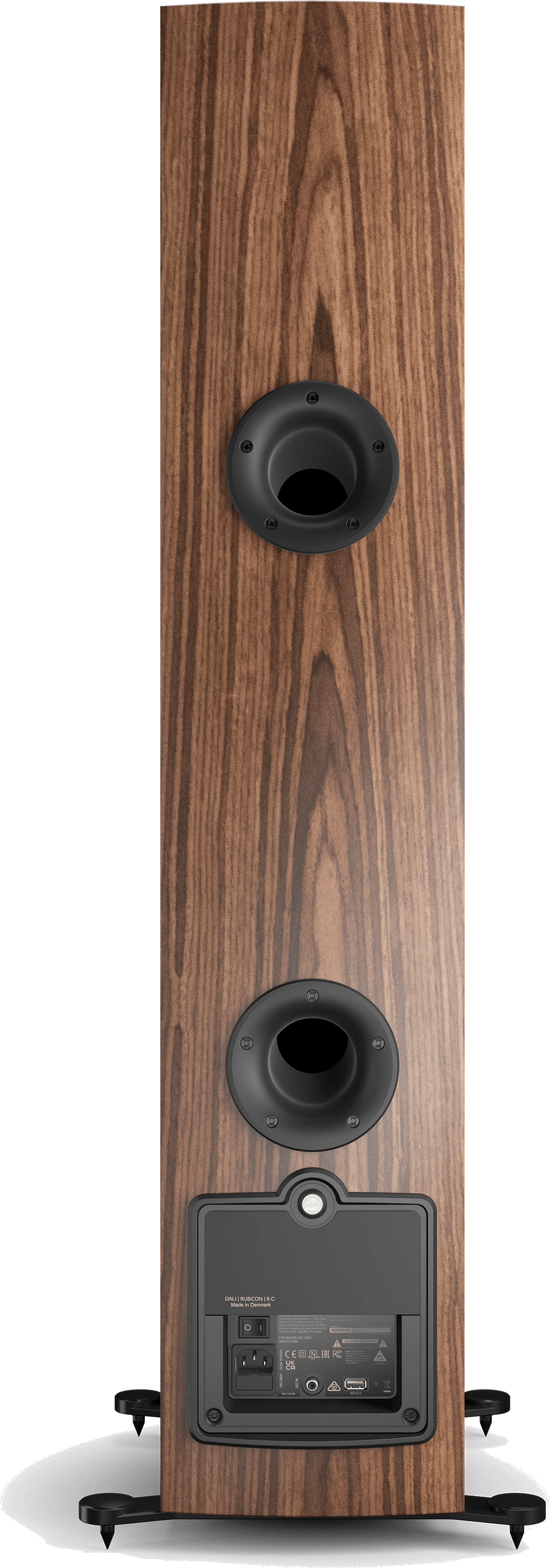 Rückansicht des DALI RUBICON 6 C Lautsprechers in natürlicher Walnussoptik, mit zwei Bassöffnungen und Anschlussfeld.