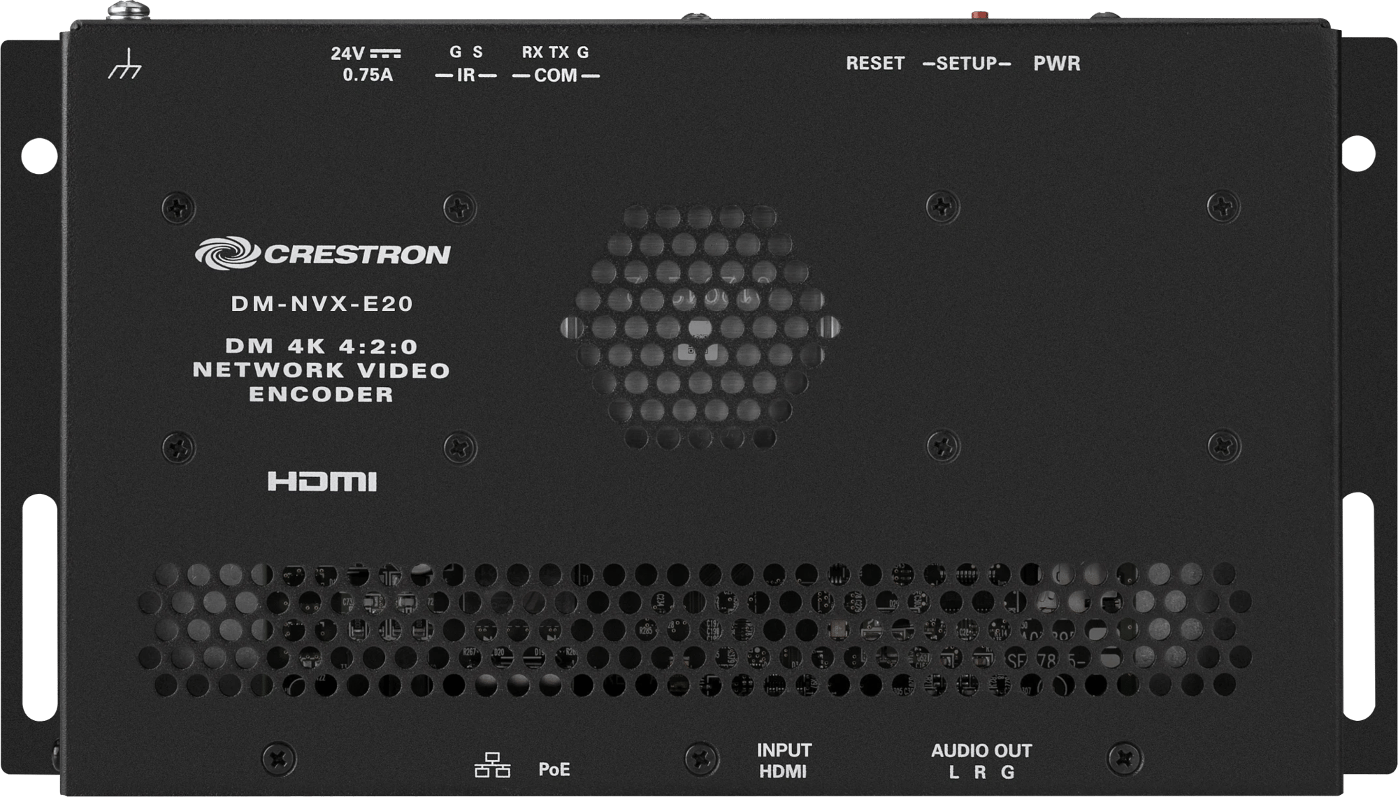 Rückansicht des Crestron DM-NVX-E20 Netzwerkvideoencoders, zeigt HDMI-Eingang und Audioausgangsanschlüsse.